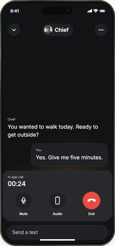 Habitcalls in-app call with Chief asking about a walk with fictional example data