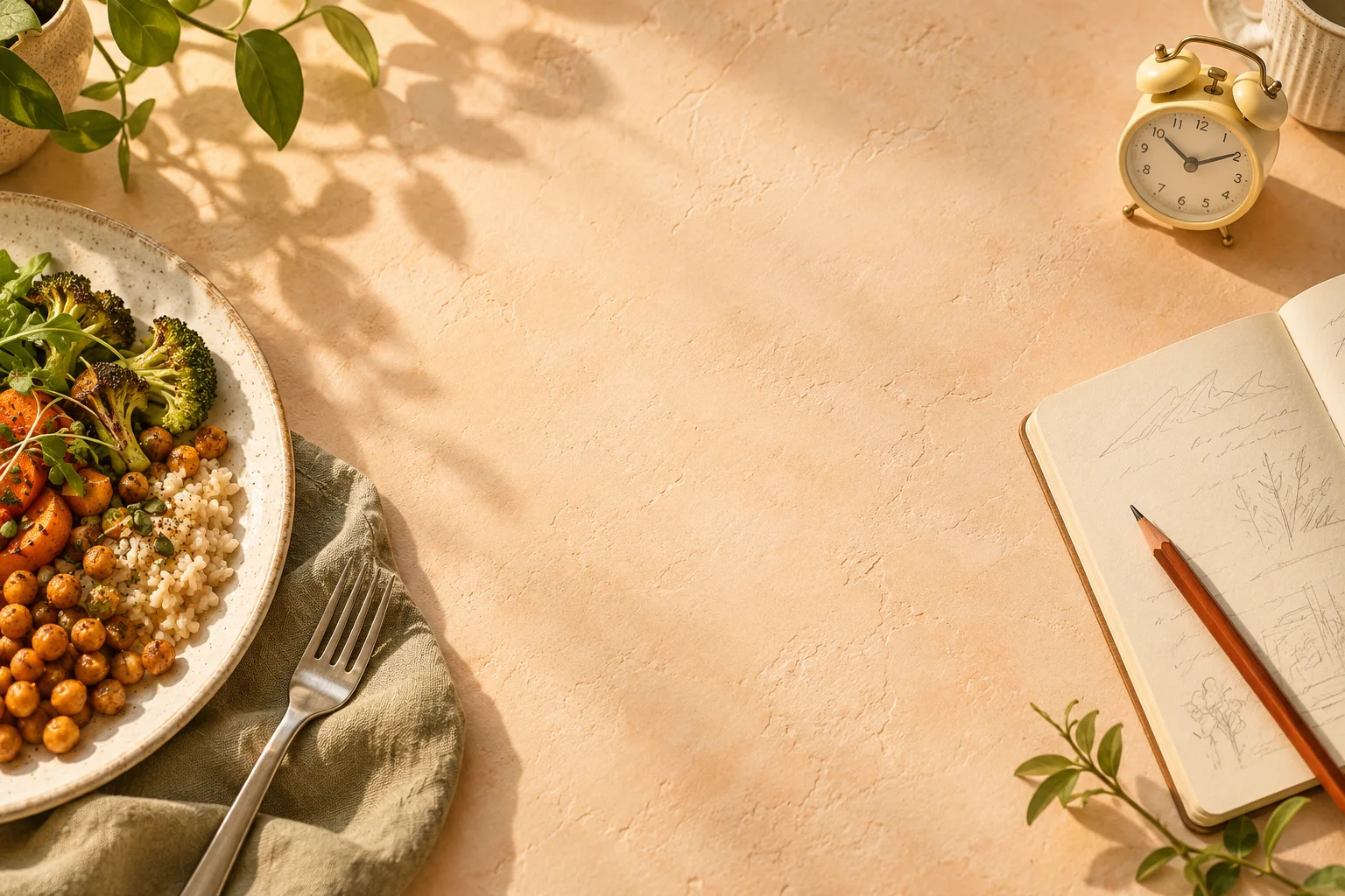 A meal, notebook and clock in warm afternoon light
