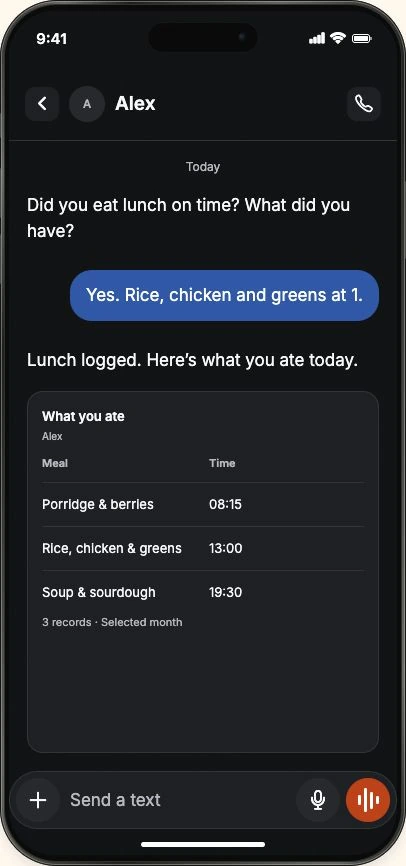 Habitcalls meal conversation and food journal with fictional example data